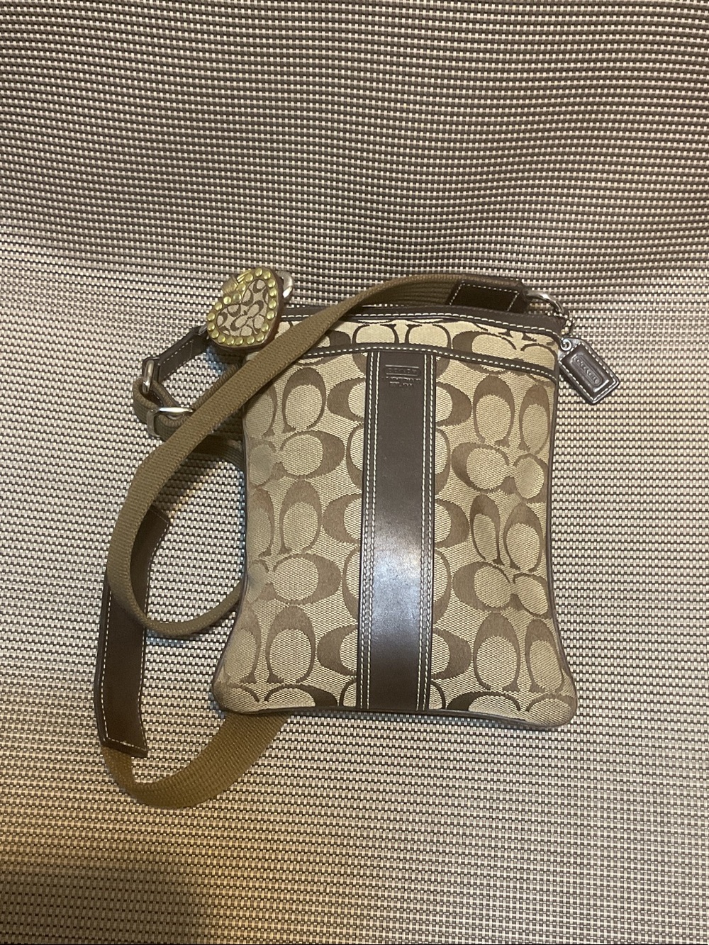 Coach Khaki and Chalk Signature Crossbody with Brown Leather Trim